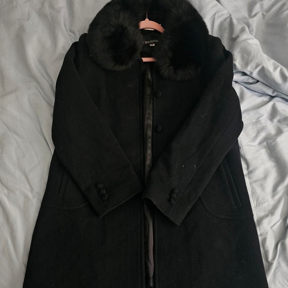 1 Madison Black Pea Coat with Luxurious Faux Fur Collar